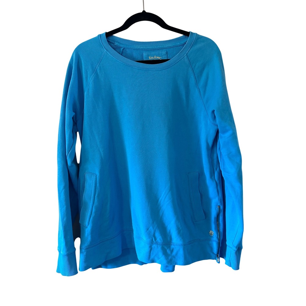 Lilly Pulitzer LUXELETIC Beach Comber Blue Long Sleeve Sweatshirt Pockets Size L